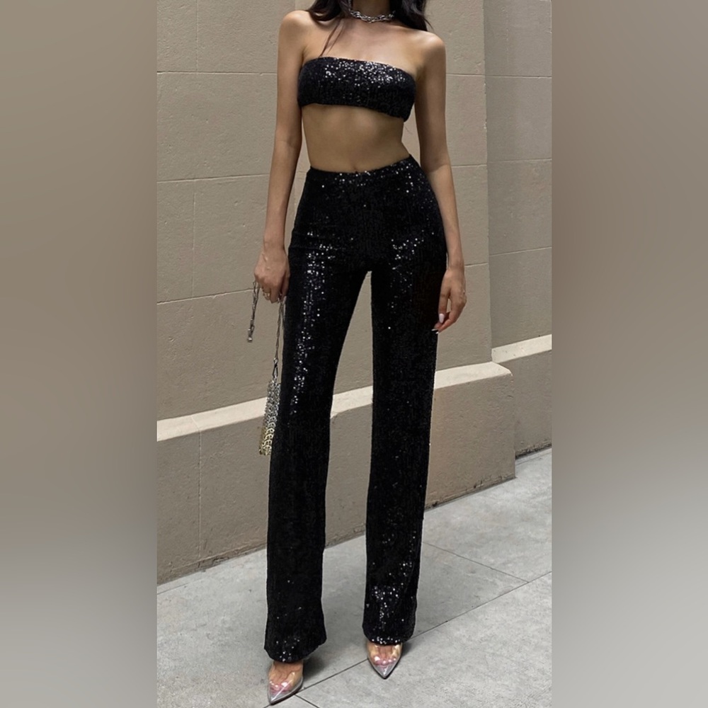 Showpo IMOGEN TWO PIECE SET - BANDEAU TOP AND STRAIGHT PANTS SET IN BLACK SEQUIN